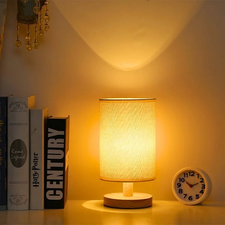 Natural Wood & Linen Table Lamp with Remote Control – Dimmable LED Touch Lamp for Bedroom, Nightstand, Desk – Minimalist Scandinavian