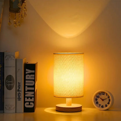 Natural Wood & Linen Table Lamp with Remote Control – Dimmable LED Touch Lamp for Bedroom, Nightstand, Desk – Minimalist Scandinavian