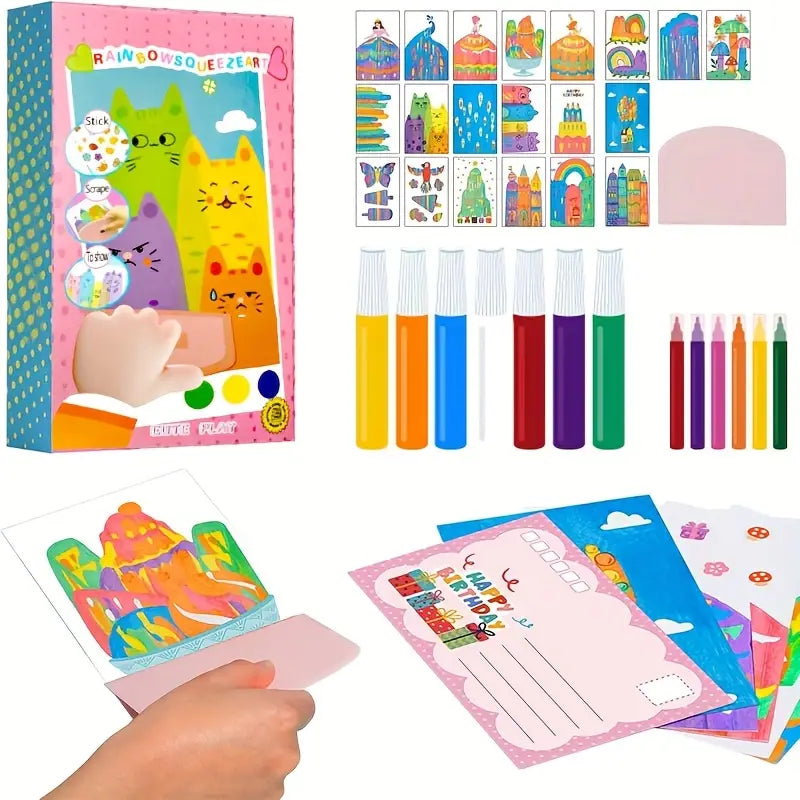 Kids Rainbow Scratch Art Kit with Squeeze Pens & Reveal Cards for Creative Screen-Free Play