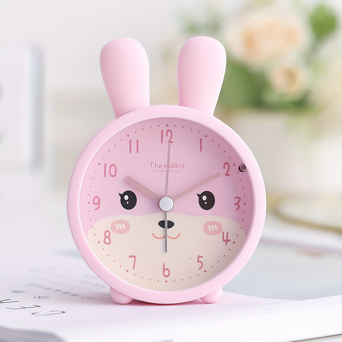 Bunny-Shaped Quiet Alarm Clock for Kids with Soft Night Light – Pink Plastic Bedside Timepiece for Nursery, Playroom & Bedroom Decor