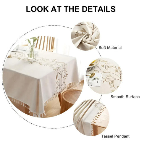Pinegrove Tablecloth - Cotton-Linen Blend, Embroidered Floral Design