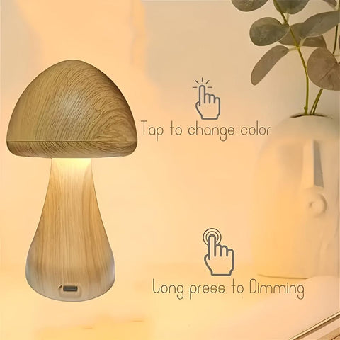 Mushroom Table Lamp - Wooden, USB-C Rechargeable LED Lights