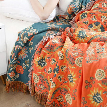 Reversible Cotton Throw Blanket Floral Orange & Teal Double-Sided Soft Gauze for Couch Bed Picnic Beach Sofa Cover Decor