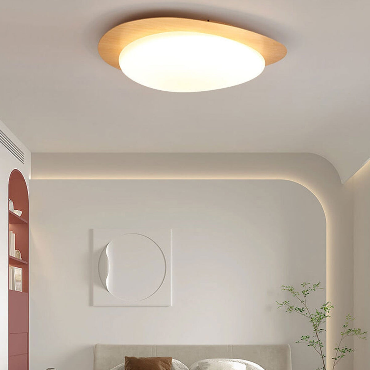 Oval Stone-Textured LED Ceiling Mount Light with Timber Finish for Bedrooms | Modern Hardwired Close-to-Ceiling Fixture for Living Rooms &