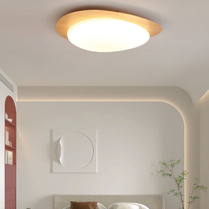 Oval Stone-Textured LED Ceiling Mount Light with Timber Finish for Bedrooms | Modern Hardwired Close-to-Ceiling Fixture for Living Rooms &