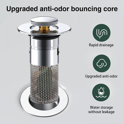 Pop-Up Bathroom Drain Filter with Hair Trap for Washbasin & Shower – Brass Core, Stainless Steel Basket, Universal Fit 1-1.2" Drains