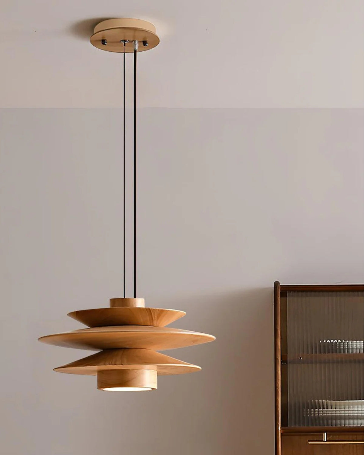 Layered Rubberwood Pendant Light Walnut Finish Ceiling Fixture Dining Room Living Room Ambient Lighting Modern Natural Wood Chandelier Warm