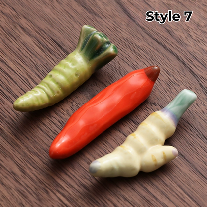 Porcelain Utensil Holders with Animal and Fruit Designs for Asian Dining – Set of 3 Decorative Tabletop Rests