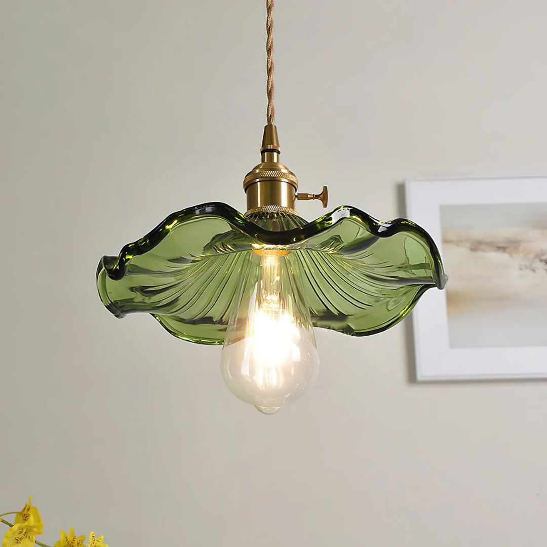 Glass Ceiling Light with Sculptural Ripple Edge – 9 in Hanging Fixture with Metal Hardware for Kitchen, Dining Area, or Bedroom – Adjustable
