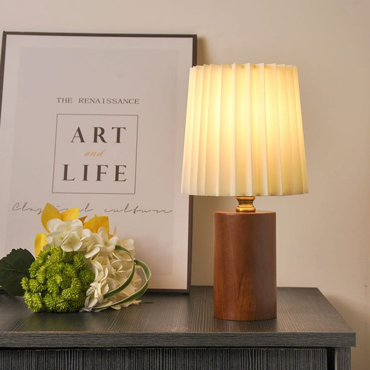 Pleated Fabric Accent Lamp with Cylindrical Wooden Base – Bedside Reading Light for Bedroom & Living Room