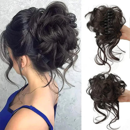 Clip-In Messy Bun Hair Extension with Curly Texture for Women, Synthetic Updo Hairpiece for Everyday & Special Events