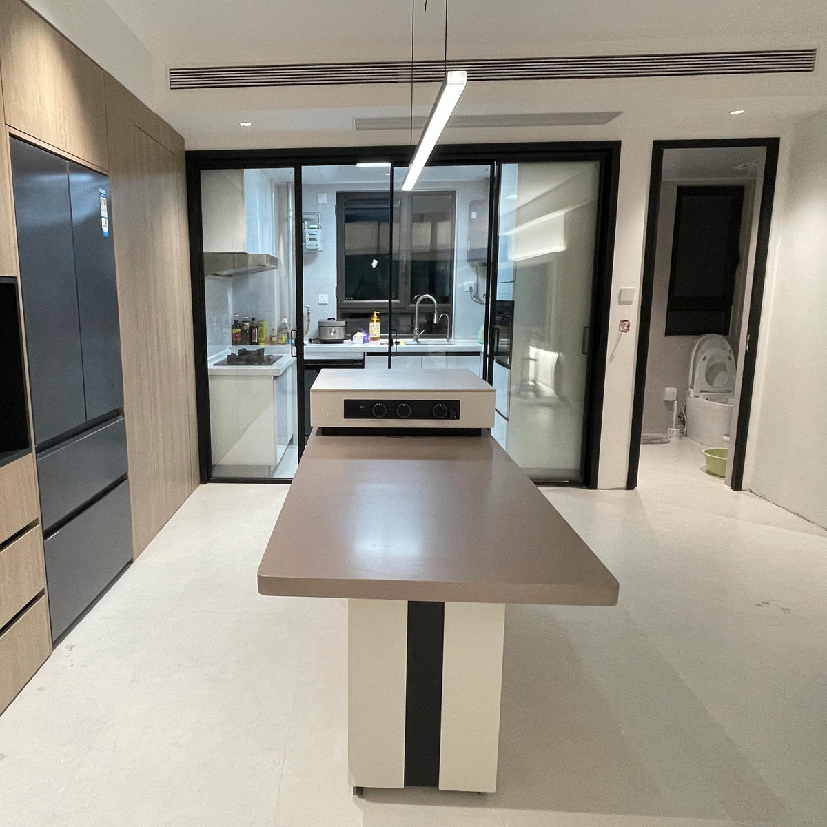 Suspended LED Strip Fixture for Countertop Islands – Dimmable Metal Bar Light with Remote in Matte or Gloss White – 39 to 102 in Adjustable