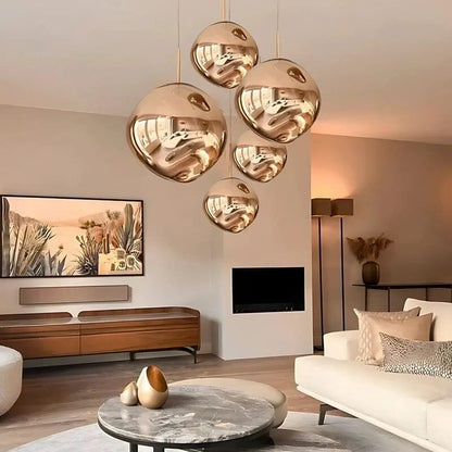 Reflective Globe Hanging Light Fixture Adjustable Height E27 Socket for Kitchens Dining Rooms | Modern Orb Ceiling Lamp Chrome Gold Glass
