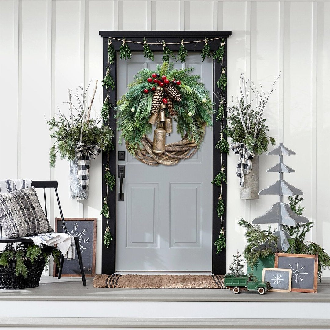 Rustic Winter Door Wreath with Gold Bells, Pine Cones & Berries – Farmhouse Seasonal Decoration for Front Entry or Mantel Display