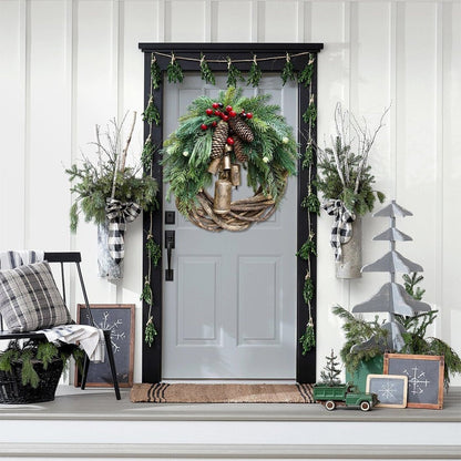 Rustic Winter Door Wreath with Gold Bells, Pine Cones & Berries – Farmhouse Seasonal Decoration for Front Entry or Mantel Display