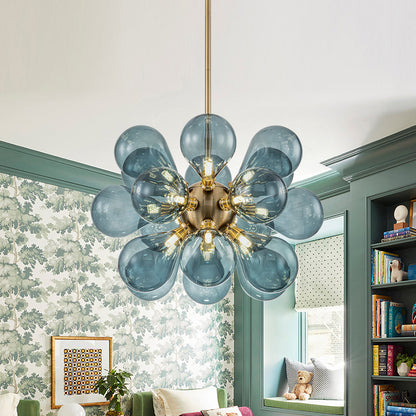 18-Light Glass Globe Ceiling Chandelier Blue Orb Sputnik Design Gold Frame Adjustable Height Hardwired for Dining Room Foyer