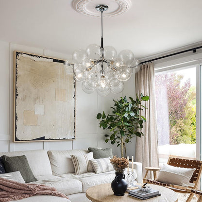 Multi-Globe Hanging Light Fixture Chrome 25 in Adjustable Suspension Cord 20 Glass Orbs LED Ceiling Lamp for Dining Living