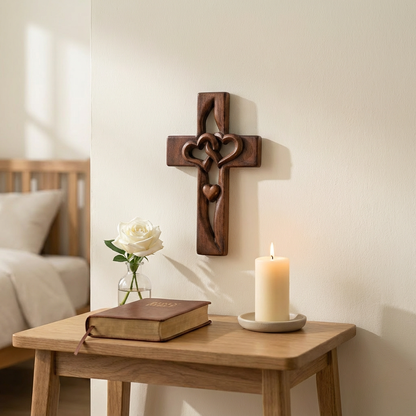 Wooden Cross Wall Art with Dual Hearts for Living Room Bedroom Entryway Faith Decor Handcrafted Religious Symbol