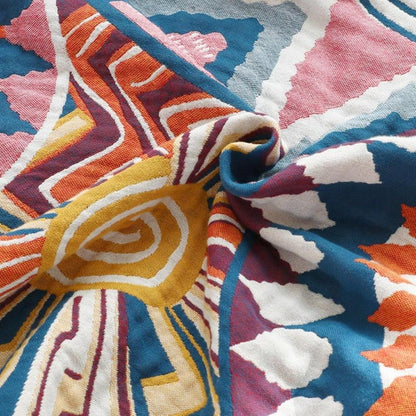 All-Season Cotton Throw Blanket with Woven Sunburst Design for Couch Bed Sofa Living Room Bedroom Travel Lightweight Breathable 59x79