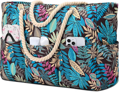 Zippered Canvas Tote Bag for Beach Days – Water-Resistant 7-Pocket Organizer, Padded Straps, Fits Towels & Gear for Pool, Lake & Travel