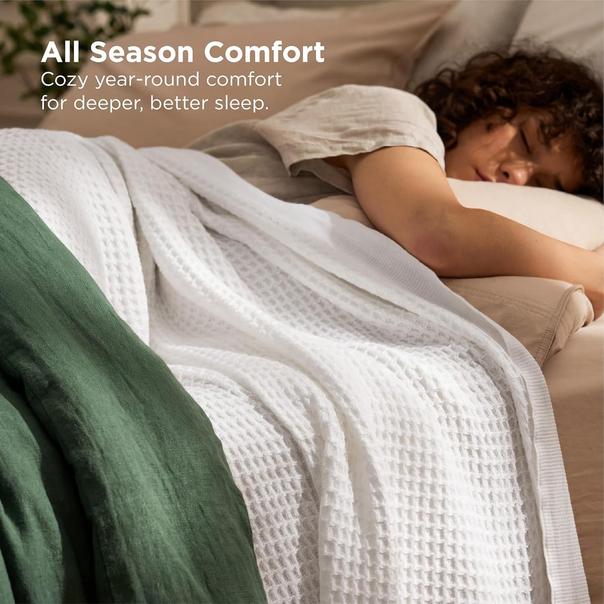 Pure Cotton Thermal Blanket – Queen 90×90 in – Textured Weave Layer for All Seasons – Lightweight & Breathable Throw for Bed or Sofa