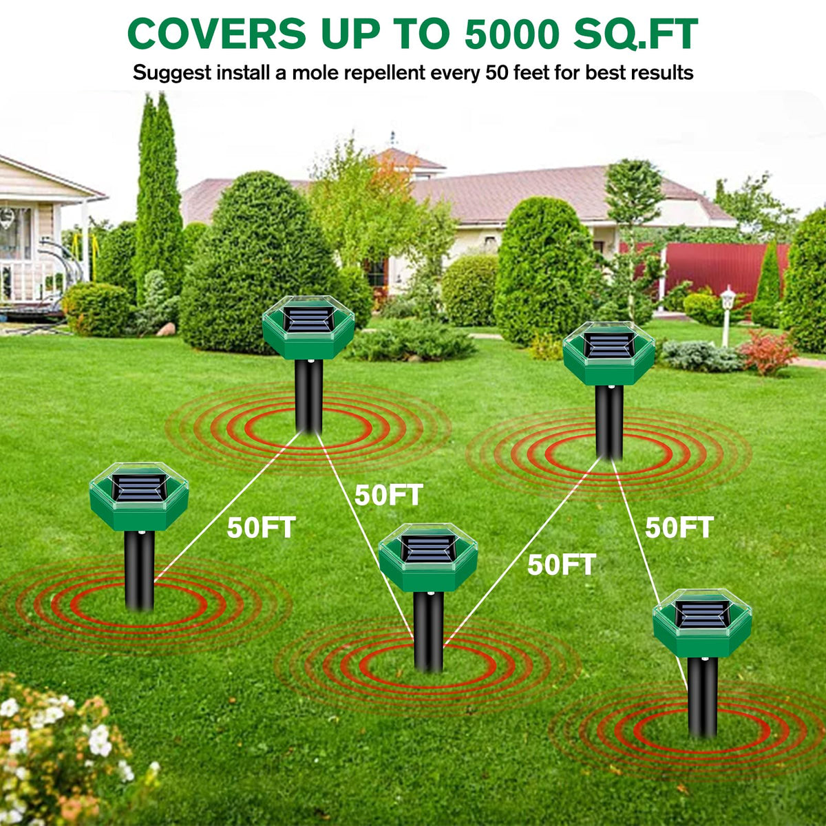Solar Ultrasonic Mole Repellent Stakes for Lawn & Garden Protection – Outdoor Animal Deterrent Set of 4 for Gophers, Voles, Snakes &