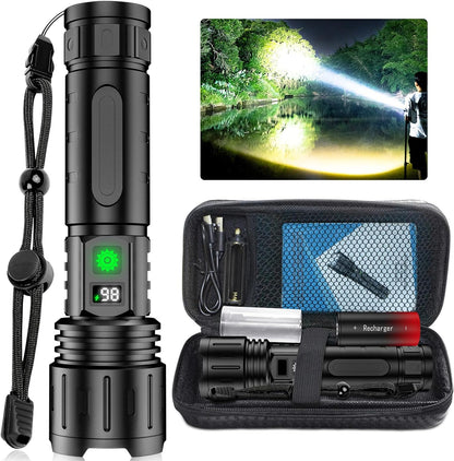 Rechargeable LED Flashlight 100000 Lumens Tactical Light with Power Bank USB-C Waterproof Aluminum for Camping Hiking Emergency Outdoor