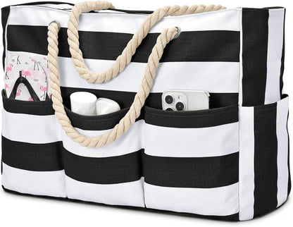 Zippered Canvas Tote Bag for Beach Days – Water-Resistant 7-Pocket Organizer, Padded Straps, Fits Towels & Gear for Pool, Lake & Travel