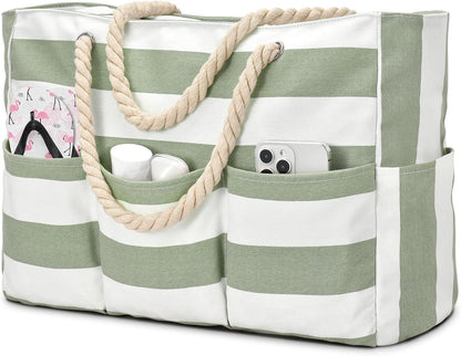 Zippered Canvas Tote Bag for Beach Days – Water-Resistant 7-Pocket Organizer, Padded Straps, Fits Towels & Gear for Pool, Lake & Travel