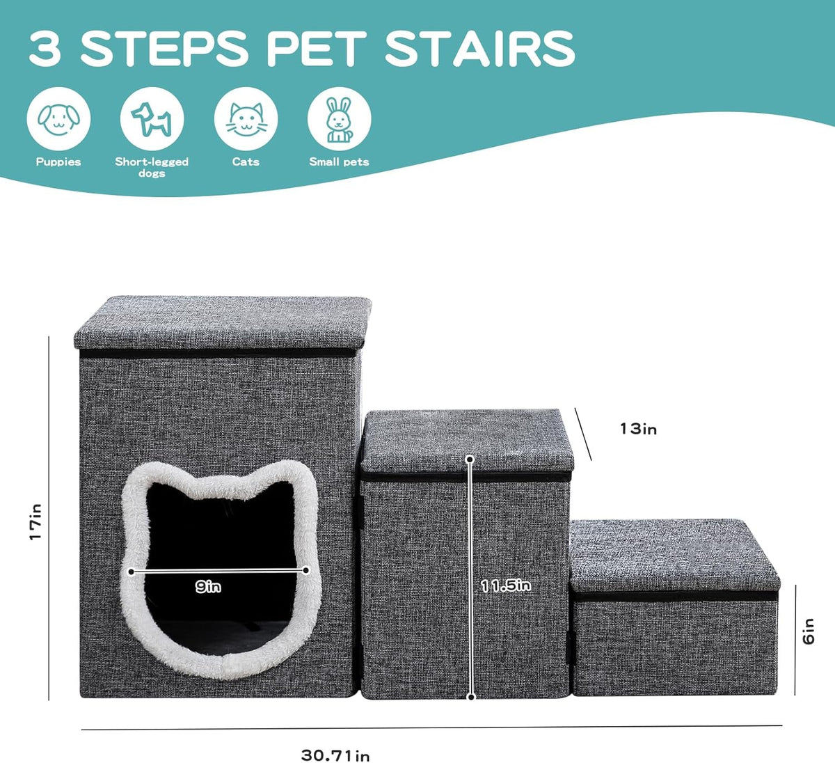 Pet Haven | 3-Step Non-Slip Dog Stairs with Storage | Easy Access for Small Dogs and Cats