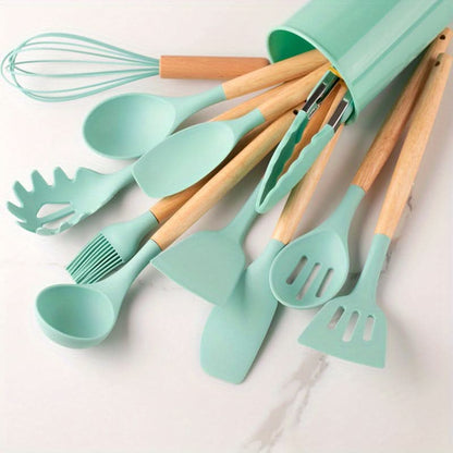 12-Piece Silicone Kitchen Utensil Set with Wooden Handles – Heat Resistant to 446°F, Dishwasher Safe, BPA-Free Cooking Tools