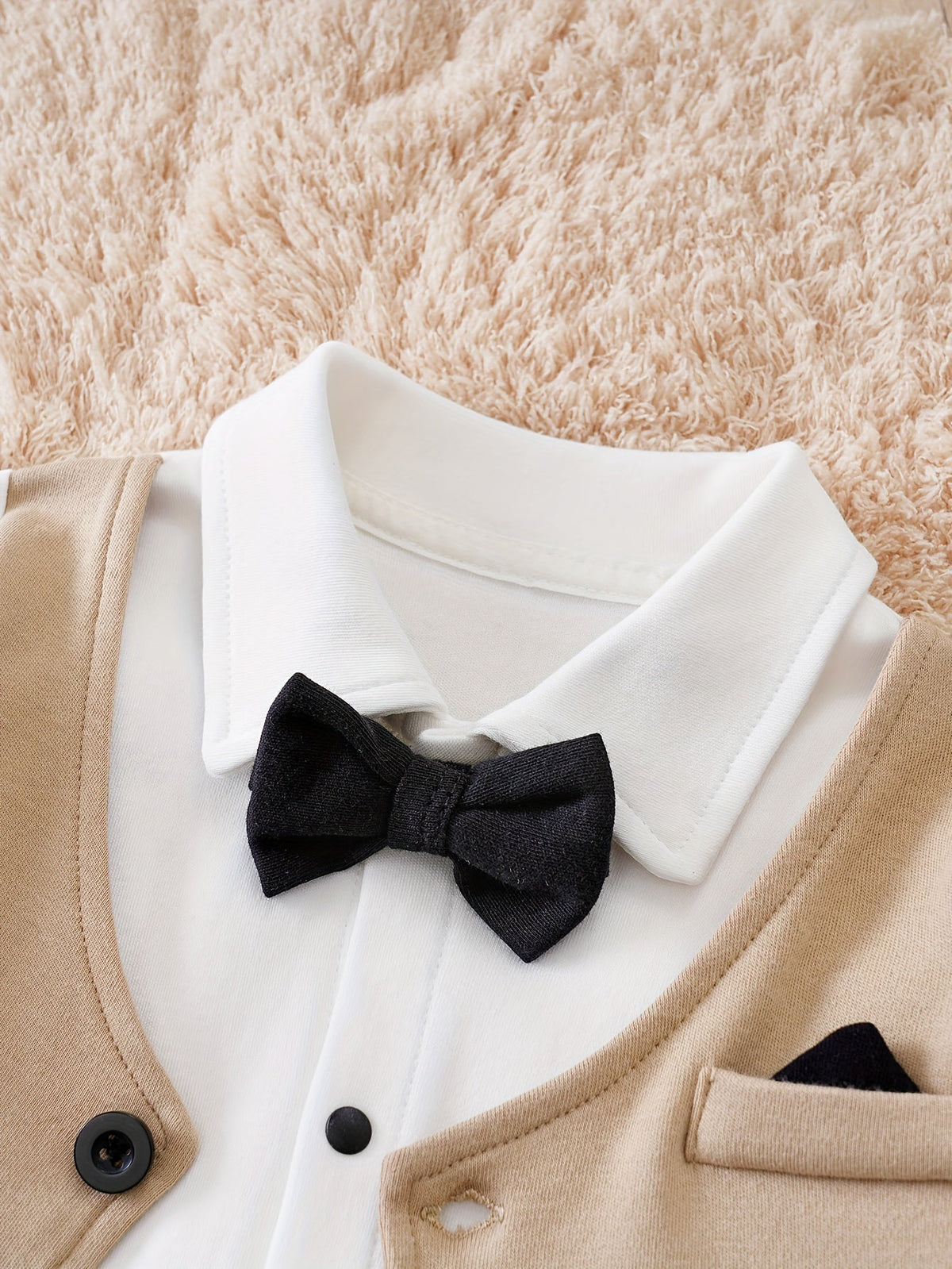 Baby Boy Formal Romper with Bow Tie | Dapper Tuxedo One-Piece Outfit for Infants & Toddlers | Cotton Gentleman Suit for Weddings