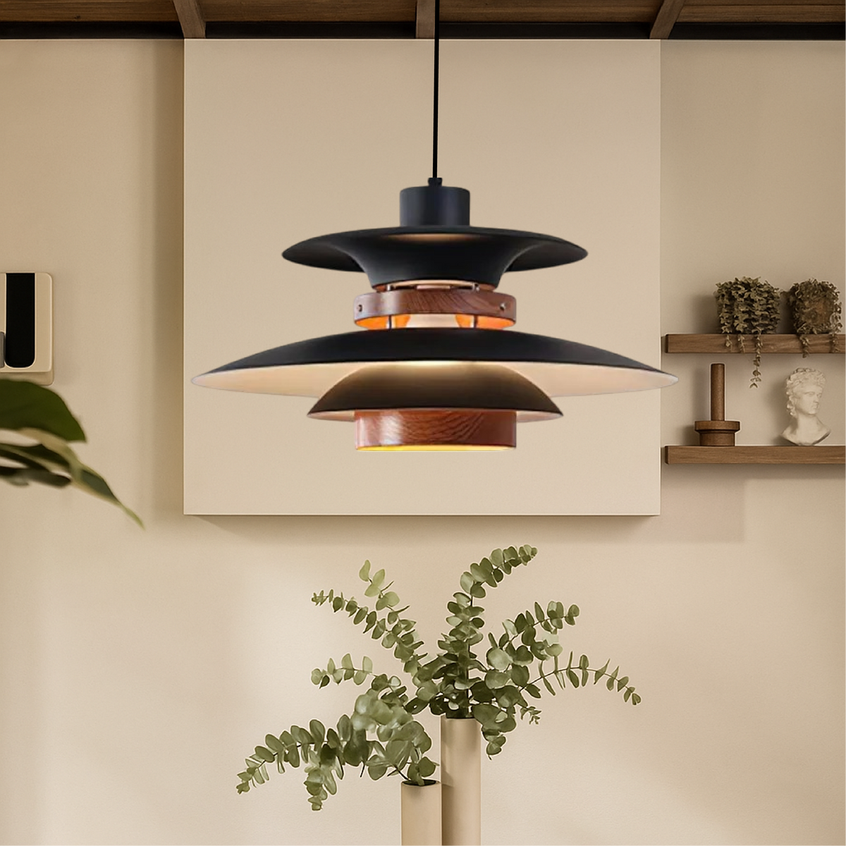 Hanging Ceiling Fixture with Wood and Metal Shade 20-Inch Diameter Adjustable Height for Kitchen Island Dining Room Living Space Modern Farm