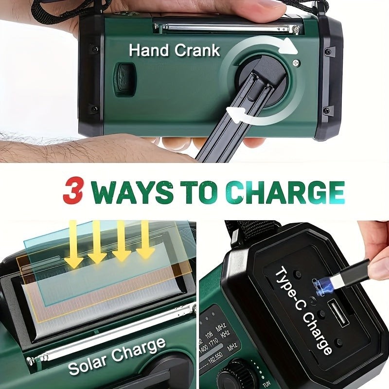 Emergency Weather Radio with Solar Panel Hand Crank Flashlight 10000mAh Power Bank AM FM NOAA SOS Compass USB-C Rechargeable Camping Surviva