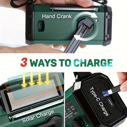 Emergency Weather Radio with Solar Panel Hand Crank Flashlight 10000mAh Power Bank AM FM NOAA SOS Compass USB-C Rechargeable Camping Surviva