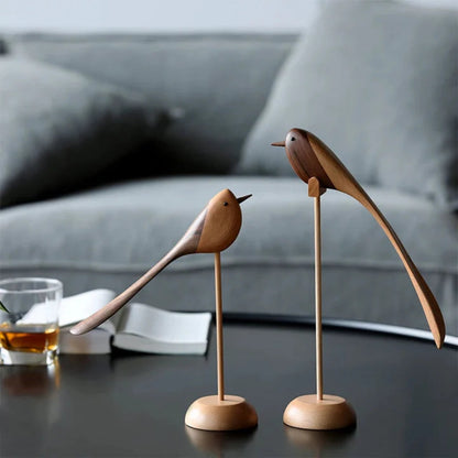 Handcrafted Wooden Bird Sculptures Set of 2 Decorative Figurines Modern Redwood Accent Pieces for Living Room Bedroom Office Mantel