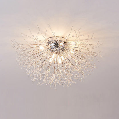 Flush Mount Ceiling Light with Crystal Dandelion Design – 16 in Gold & Silver Fixture for Bedroom, Hallway, Bathroom
