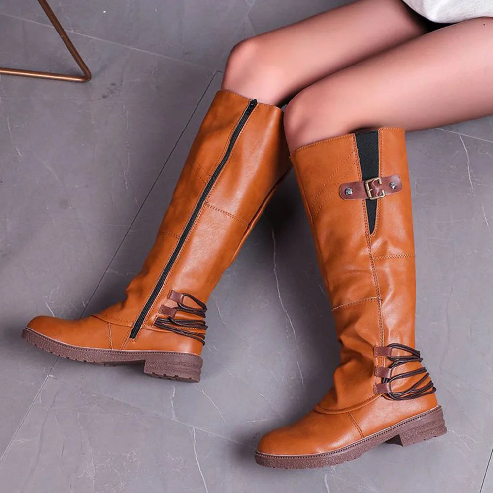 Mid-Calf Side Zip Leather Boots for Women – Weather-Resistant Fall & Winter Footwear