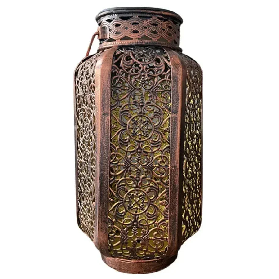 Openwork Metal Solar Lantern 9.3 in Hanging or Tabletop Garden Patio Light Outdoor Decorative Moroccan-Inspired Design for Porch Balcony Pat