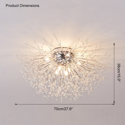 Flush Mount Ceiling Light with Crystal Dandelion Design – 16 in Gold & Silver Fixture for Bedroom, Hallway, Bathroom
