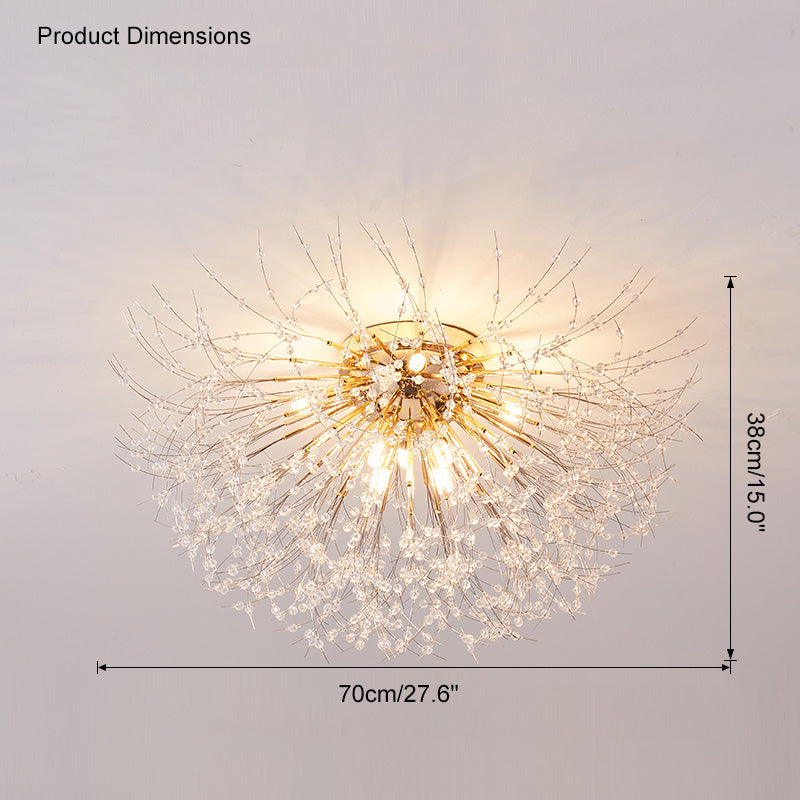 Flush Mount Ceiling Light with Crystal Dandelion Design – 16 in Gold & Silver Fixture for Bedroom, Hallway, Bathroom