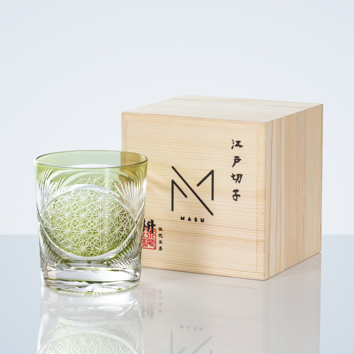 Hand-Cut Crystal Lowball Glass with Etched Crane Motif in Warm Amber Finish for Bourbon Scotch Cocktails Spirits Tasting Home Bar Display El