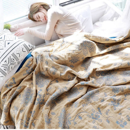 Layered Cotton Gauze Throw Blanket with Botanical Print for Bed or Couch – Lightweight Year-Round Comfort for Bedroom Living Room