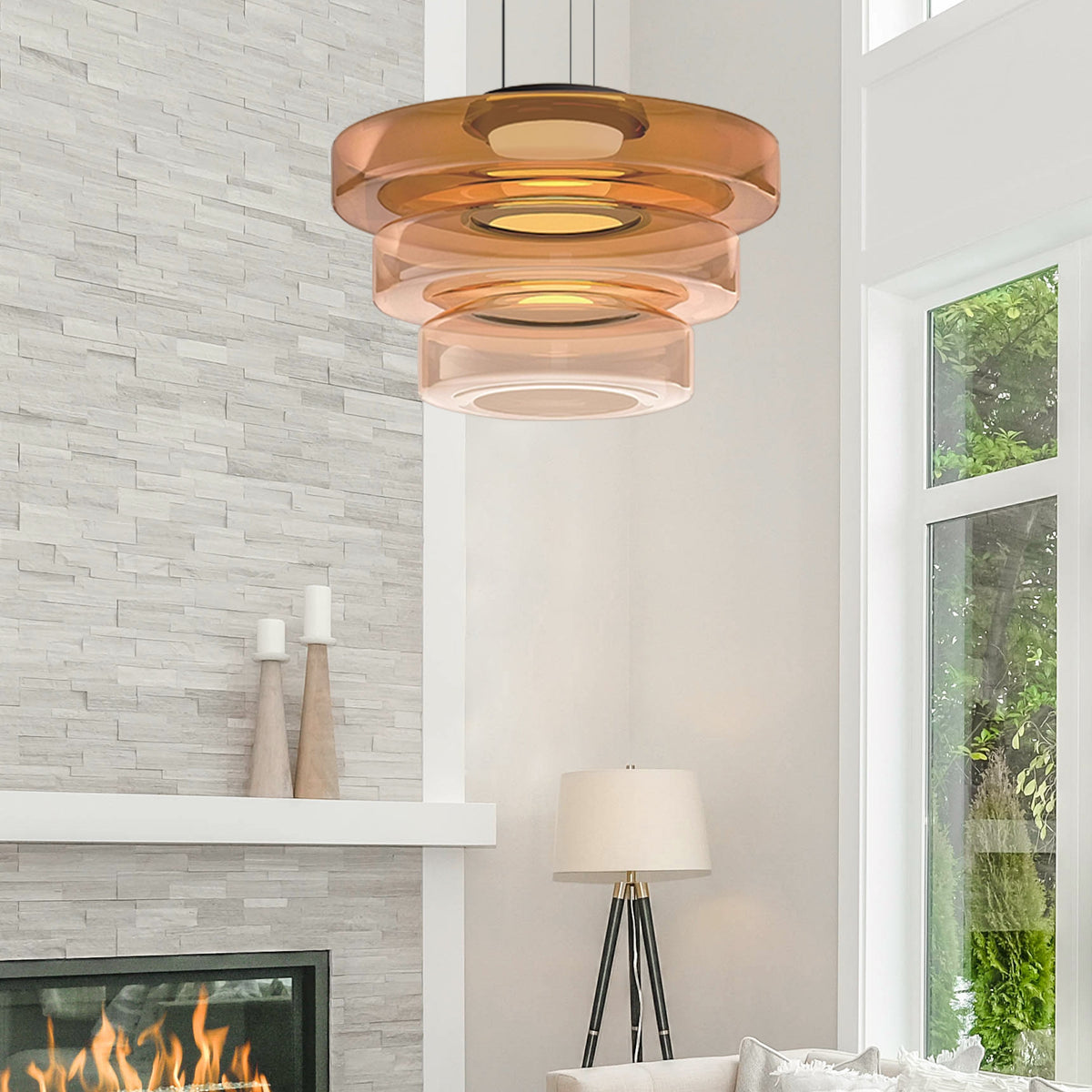 Tiered Glass Hanging Fixture 18 in Amber with Integrated LED for Island Kitchens Dining Areas Living Spaces Modern Minimalist Bauhaus-Inspir
