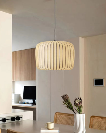 Fabric Drum Shade Hanging Light 22-Inch Neutral Tone for Dining Room Kitchen Island Modern Japandi Style E27 Socket