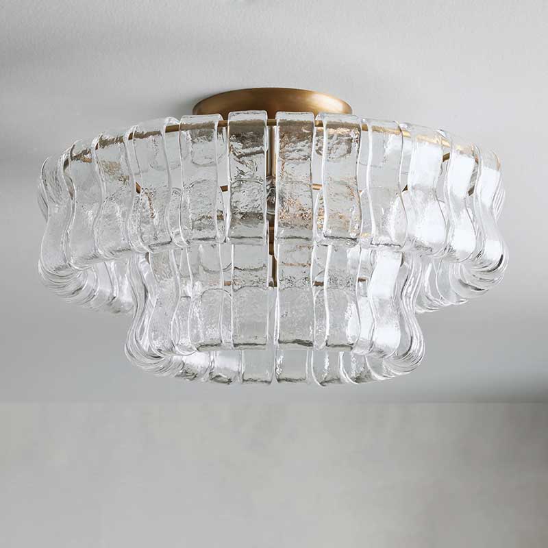 Textured Glass Flush Mount Ceiling Light 18-Inch Brass Finish 3-Light Modern Fixture for Living Room Bedroom Dining Room Entryway