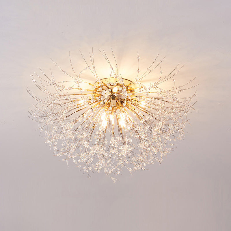 Flush Mount Ceiling Light with Crystal Dandelion Design – 16 in Gold & Silver Fixture for Bedroom, Hallway, Bathroom