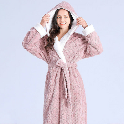 Women's Hooded Fleece Bath Robe with Pockets Long Soft Loungewear for Home & Spa Gray Pink Purple Green Winter Wrap