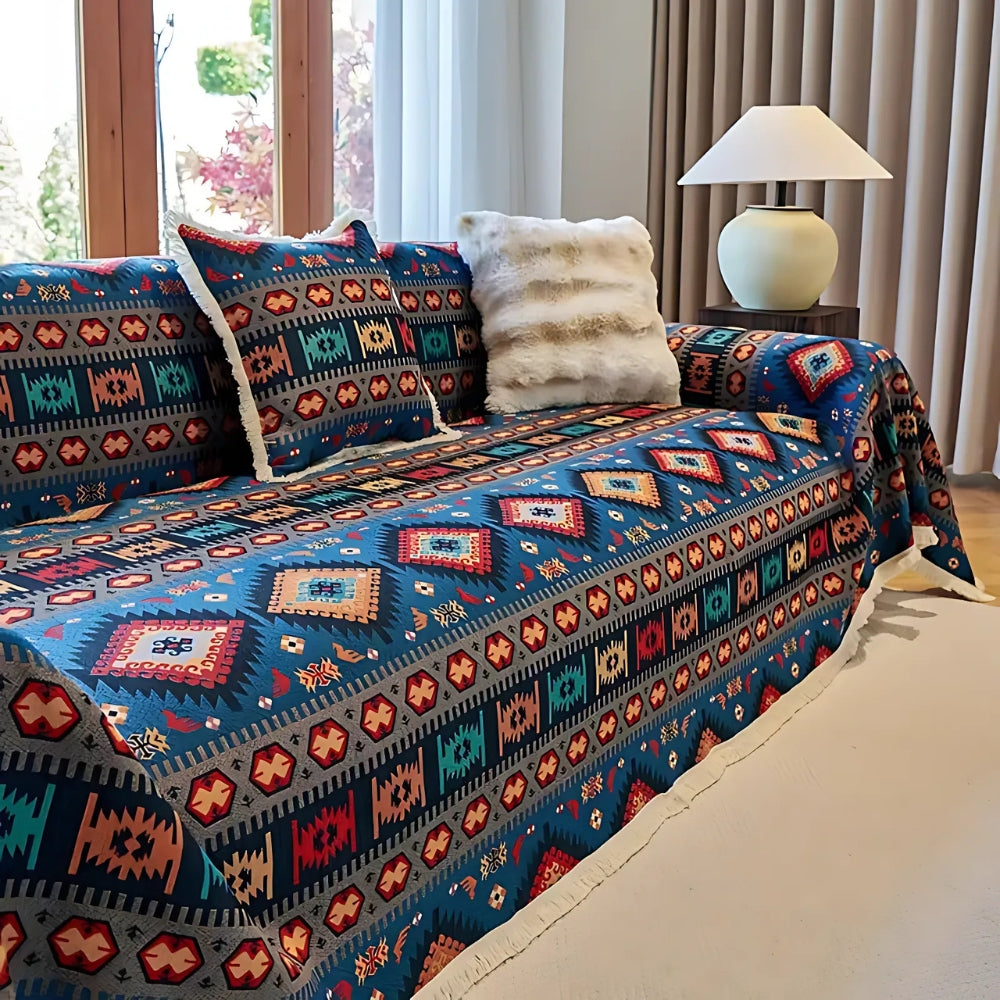 Geometric Throw Blanket for Sofa – Woven Cotton Chenille Couch Cover with Bohemian Pattern for Living Room Furniture