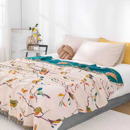 Woven Cotton Throw Blanket with Fringe Tassels & Avian Motif – Breathable, Lightweight Bed or Couch Cover for Boho Living Room, Guest